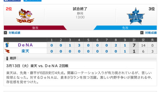 [オープン戦]2018/03/13 楽天 1 VS 7 DeNA　倉本3ラン！