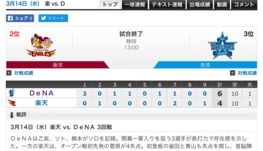 [オープン戦]2018/03/14 楽天 4 VS 6 DeNA　乙坂、ソト、楠本、3人ソロホームラン！